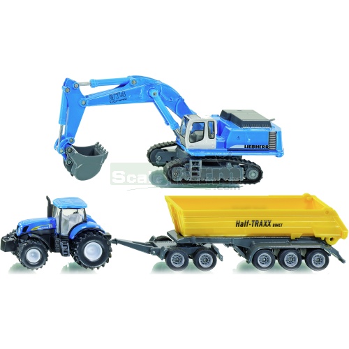 Construction Set with New Holland T7070 Tractor and Liebherr 974 Excavator