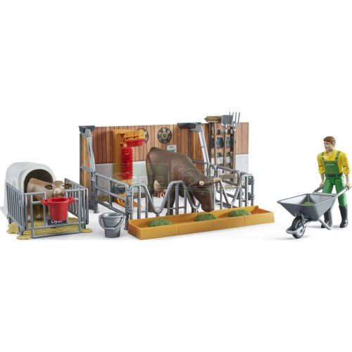 bWorld Cow and Calf Shed with Farmer and Accessories
