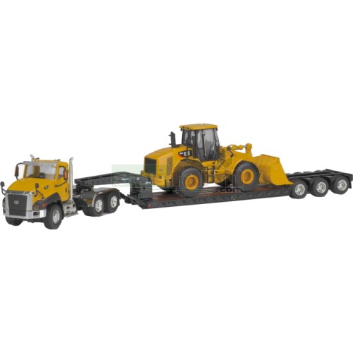 CAT CT660 Day Cab and Trail King Lowboy Trailer with CAT 950H Wheel Loader