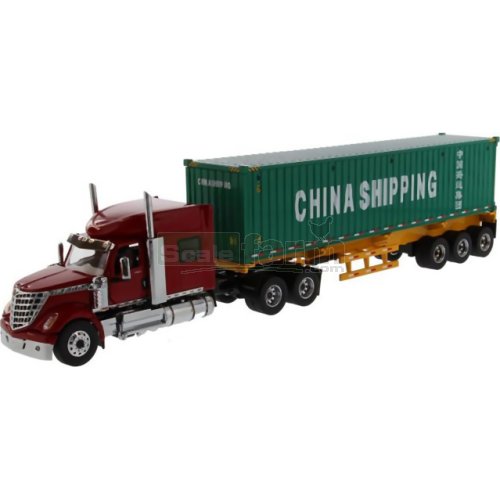 International Lonestar Day Cab (Red) with Skeletal Trailer and 40' Sea Container