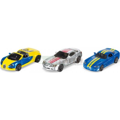 Sports Cars 3 Car Set - Bugatti Veyron / Mercedes Benz McLaren SLS / Dodge Viper