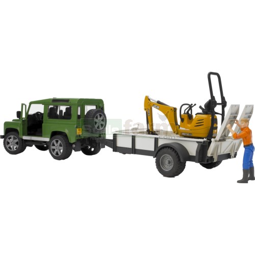 Land Rover Defender Station Wagon with Trailer, JCB 8010 CTS Micro Excavator and Figure