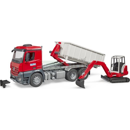 Mercedes Benz Arocs Truck with Roll-Off Container and Schaeff HR16 Mini Excavator