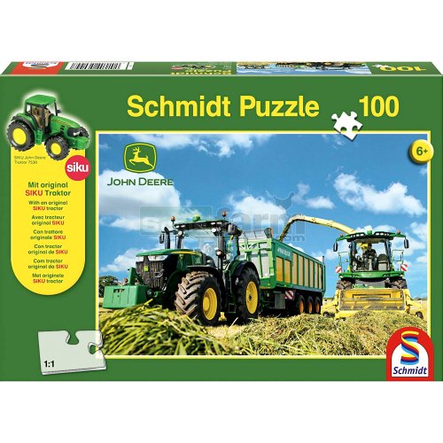 John Deere 7310R Tractor and 8600i Forage Harvester 100 Piece Jigsaw with SIKU Model Tractor