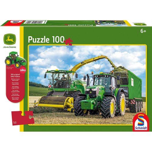 John Deere 6195M Tractor and 8500i Forage Harvester 100 Piece Jigsaw with SIKU Model Tractor