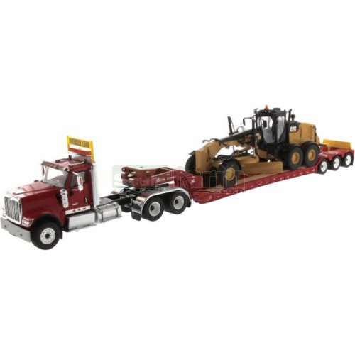 International HX520 Tandem Tractor with XL120 HDG Trailer (Red)  and CAT 12M3 Motor Grader