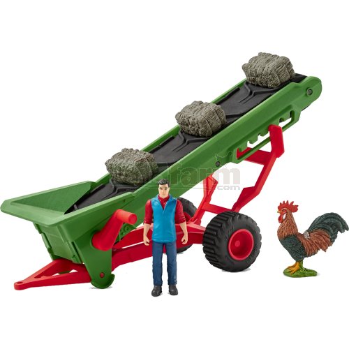 Hay Conveyor with Hay Bales, Farmer and Cockerel